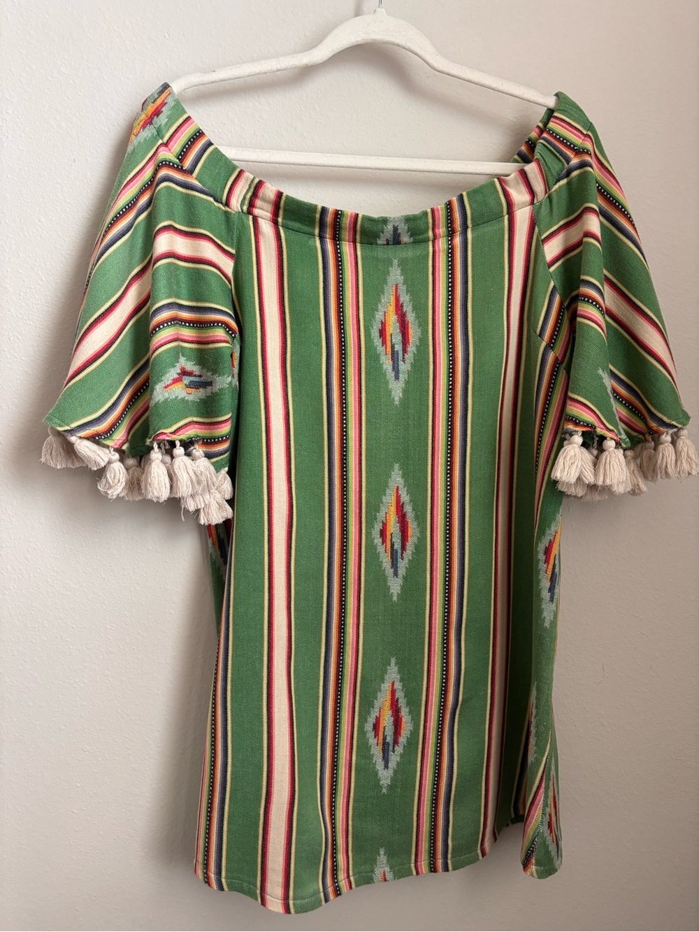 Judith March Southwestern AZTEC BOHO Off-Shoulder Tassel Sleeve Green Blouse